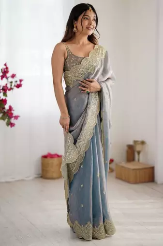 Grey chiffon embroidered saree