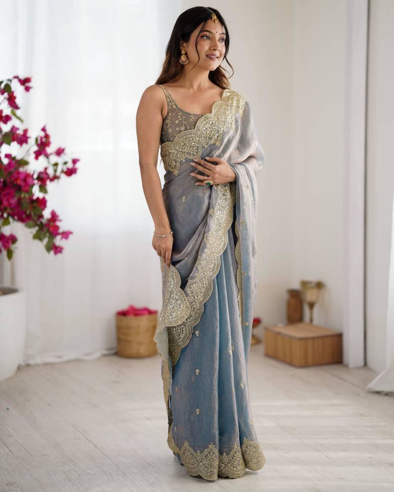 Grey chiffon embroidered saree