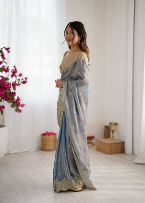 Grey chiffon embroidered saree 2