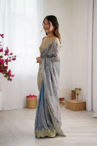 Grey chiffon embroidered saree