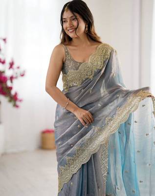 Grey chiffon embroidered saree 3