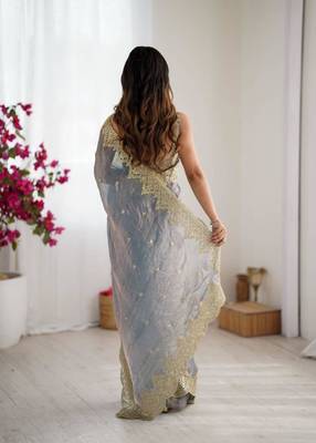 Grey chiffon embroidered saree 4