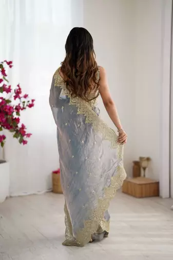 Grey chiffon embroidered saree