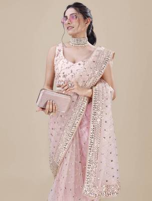 Pink net embroidered saree 2