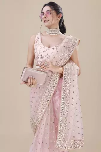 Pink net embroidered saree