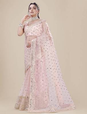 Pink net embroidered saree 1