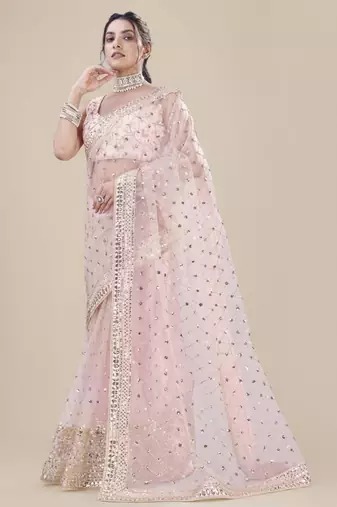 Pink net embroidered saree