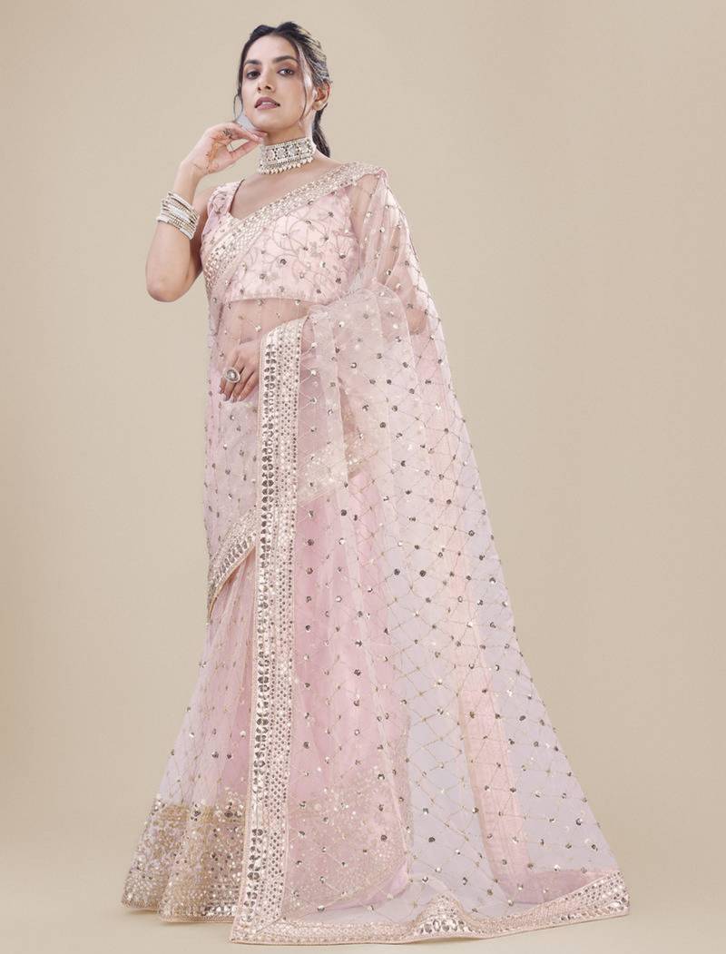 Pink net embroidered saree