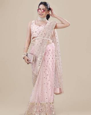 Pink net embroidered saree 3