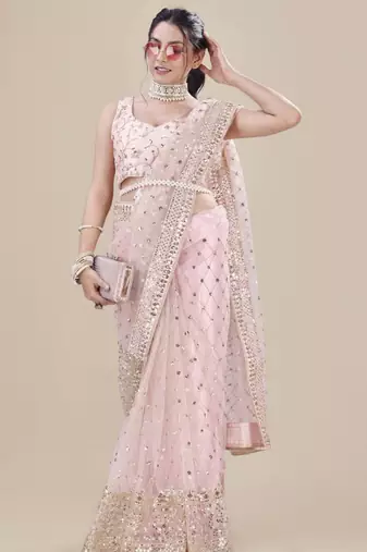 Pink net embroidered saree