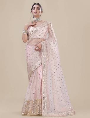 Pink net embroidered saree 4