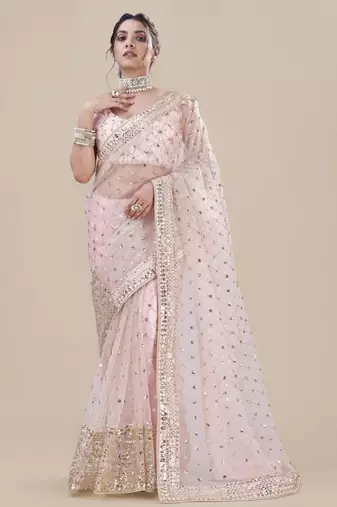 Pink net embroidered saree