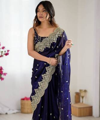 Royal blue chiffon embroidered saree 2