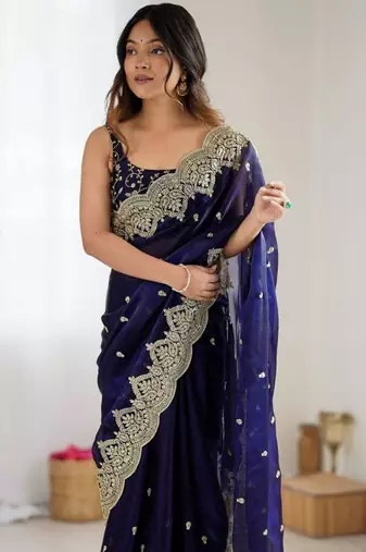 Royal blue chiffon embroidered saree