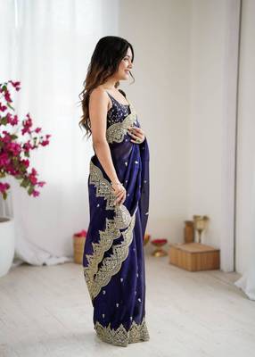 Royal blue chiffon embroidered saree 3