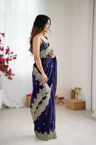 Royal blue chiffon embroidered saree