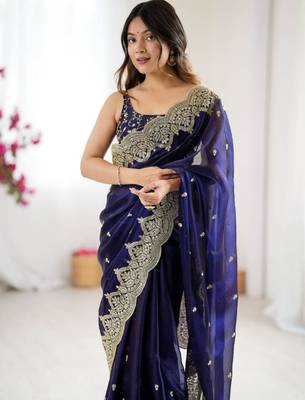 Royal blue chiffon embroidered saree 1