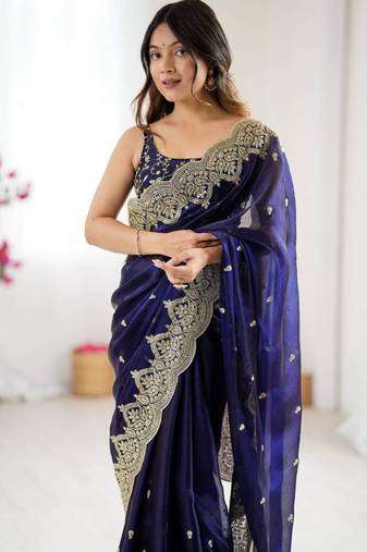 Royal blue chiffon embroidered saree