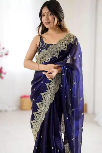 Royal blue chiffon embroidered saree