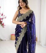 Royal blue chiffon embroidered saree