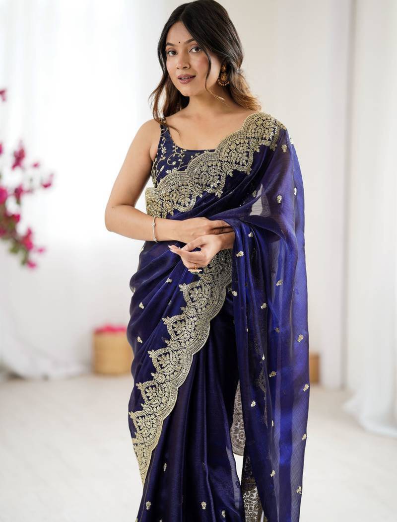 Royal blue chiffon embroidered saree