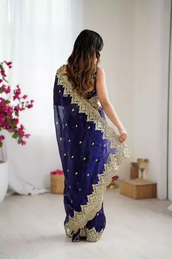 Royal blue chiffon embroidered saree