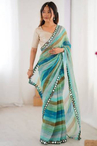 Sea green chiffon brasso saree
