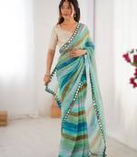 Sea green chiffon brasso saree