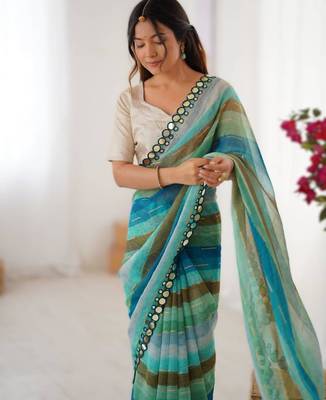 Sea green chiffon brasso saree 2