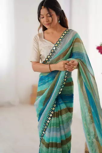 Sea green chiffon brasso saree