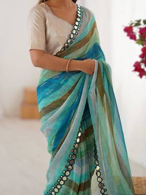 Sea green chiffon brasso saree 3