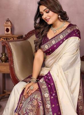 Off white silk blend woven saree 2