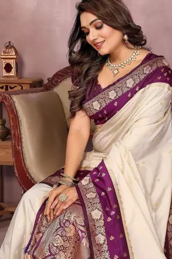 Off white silk blend woven saree