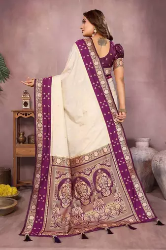 Off white silk blend woven saree