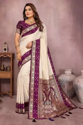 Off white silk blend woven saree