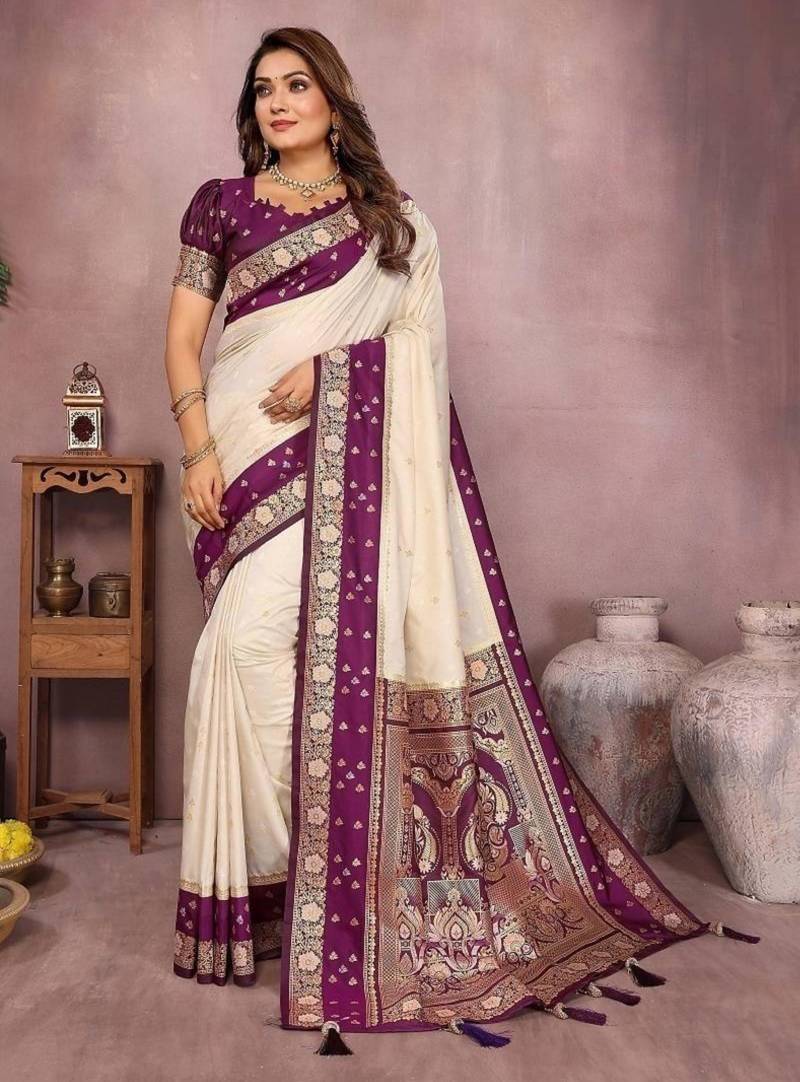 Off white silk blend woven saree