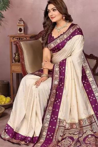 Off white silk blend woven saree