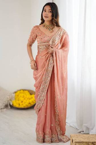 Peach chiffon embroidered saree