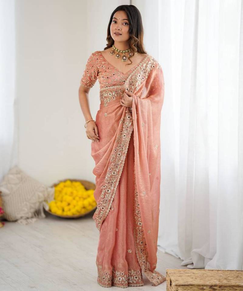 Peach chiffon embroidered saree