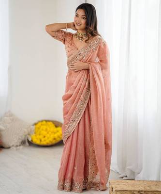 Peach chiffon embroidered saree 3