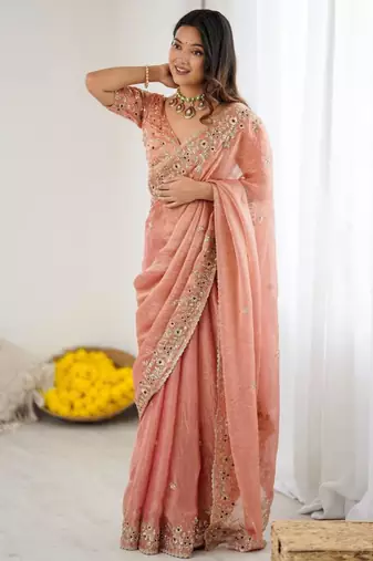 Peach chiffon embroidered saree