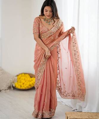 Peach chiffon embroidered saree 5