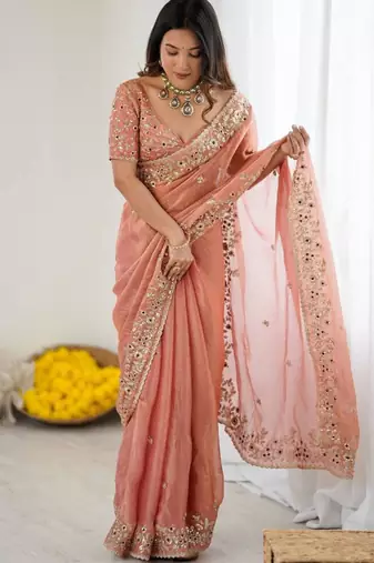 Peach chiffon embroidered saree