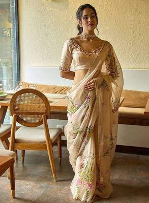 Beige silk blend embroidered saree 1