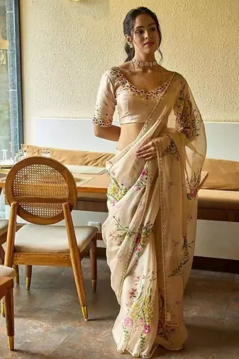 Beige silk blend embroidered saree