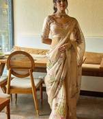 Beige silk blend embroidered saree