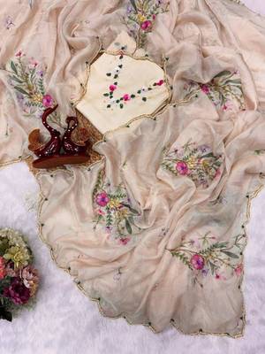 Beige silk blend embroidered saree 3