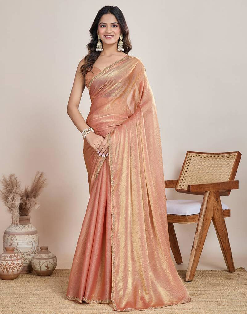 Peach chiffon embroidered saree