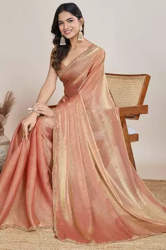 Peach chiffon embroidered saree