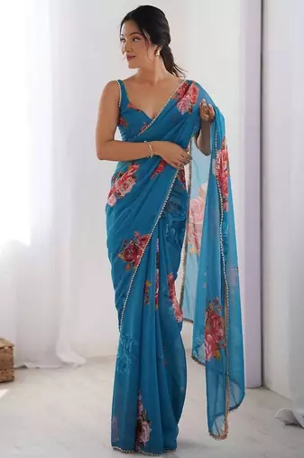 Teal silk blend printed saree